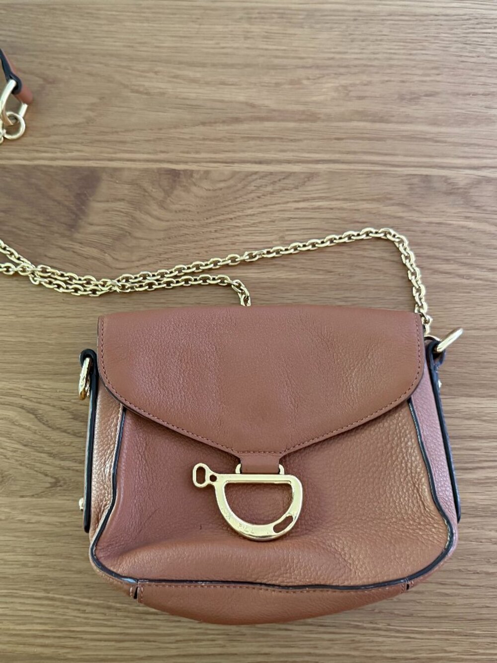 Polo Ralph Lauren Cognac Brown Leather Crossbody Bag Gold Chain
